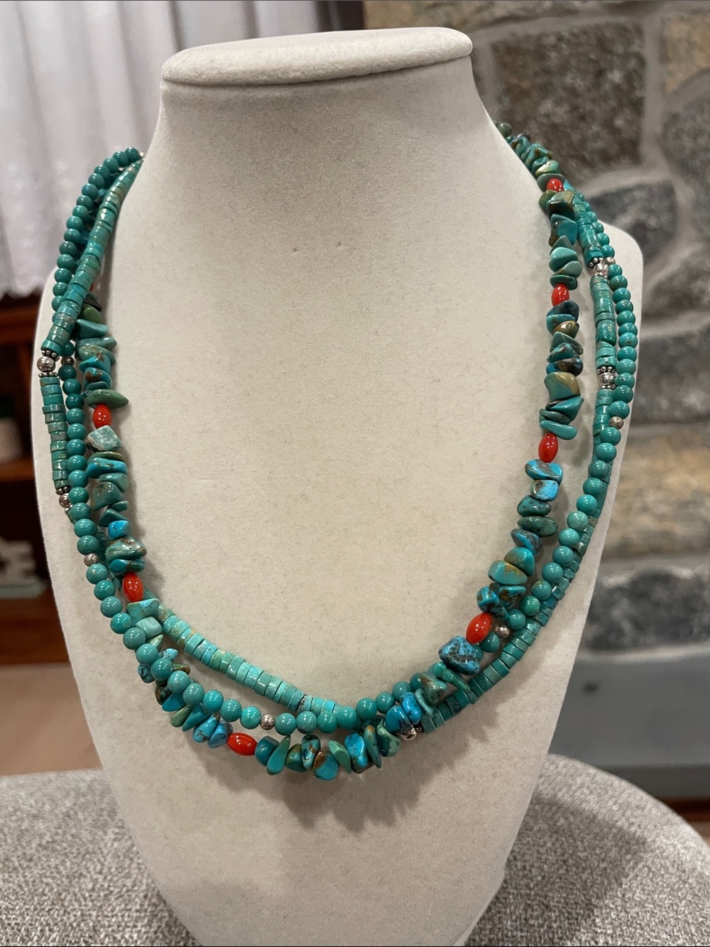 Turquoise Multi-Strand Beaded Necklace with Coral Accents